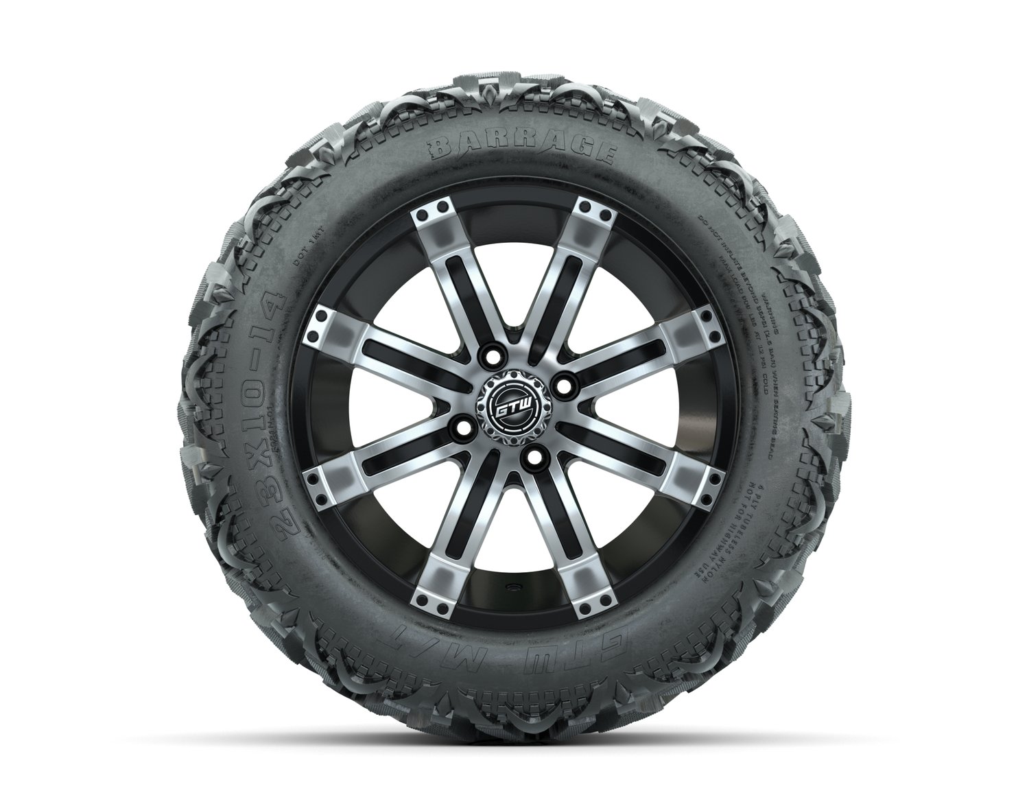 19-142 A19-264 14 GTW Tempest 14x7 Machined Black Wheel Barrage Series 23x10-14 Mud Tire 4-ply 19-142 20-031