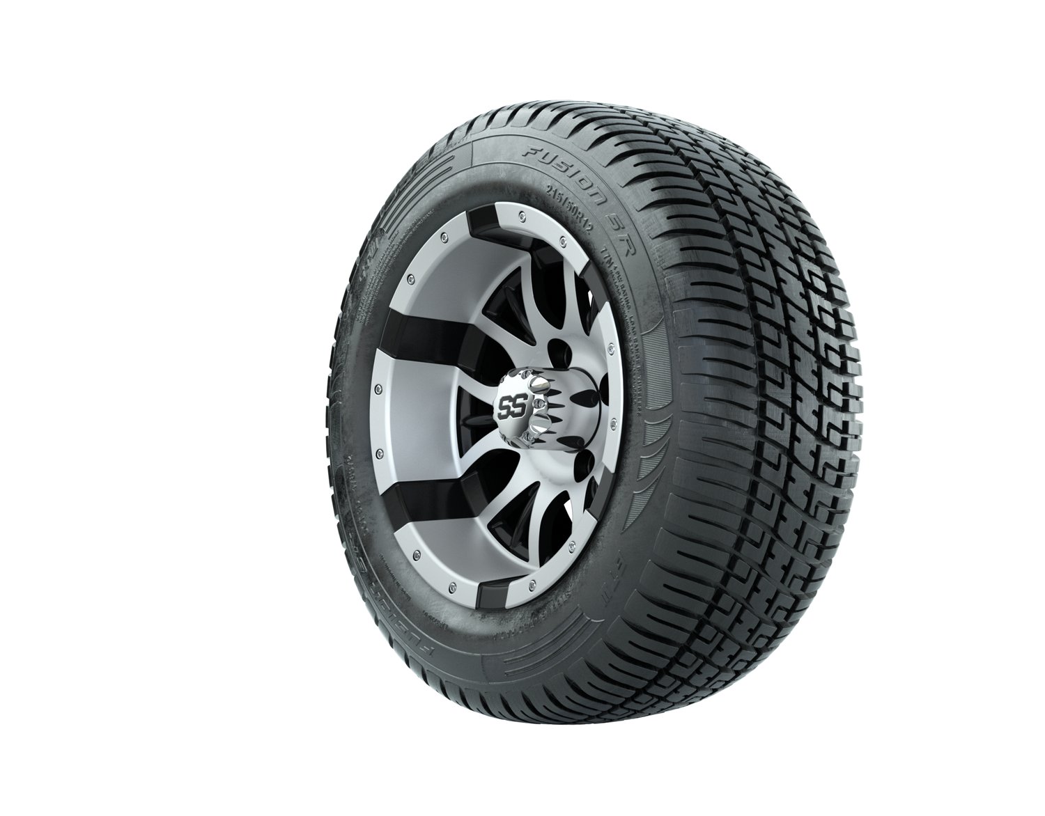 20-063 A19-650 WHEEL, 12X7 DIESEL MFB W:SS CAP, TIRE, 215/50-R12 FUSION S:R STEEL BELT RADIAL, DOT, 12", Street