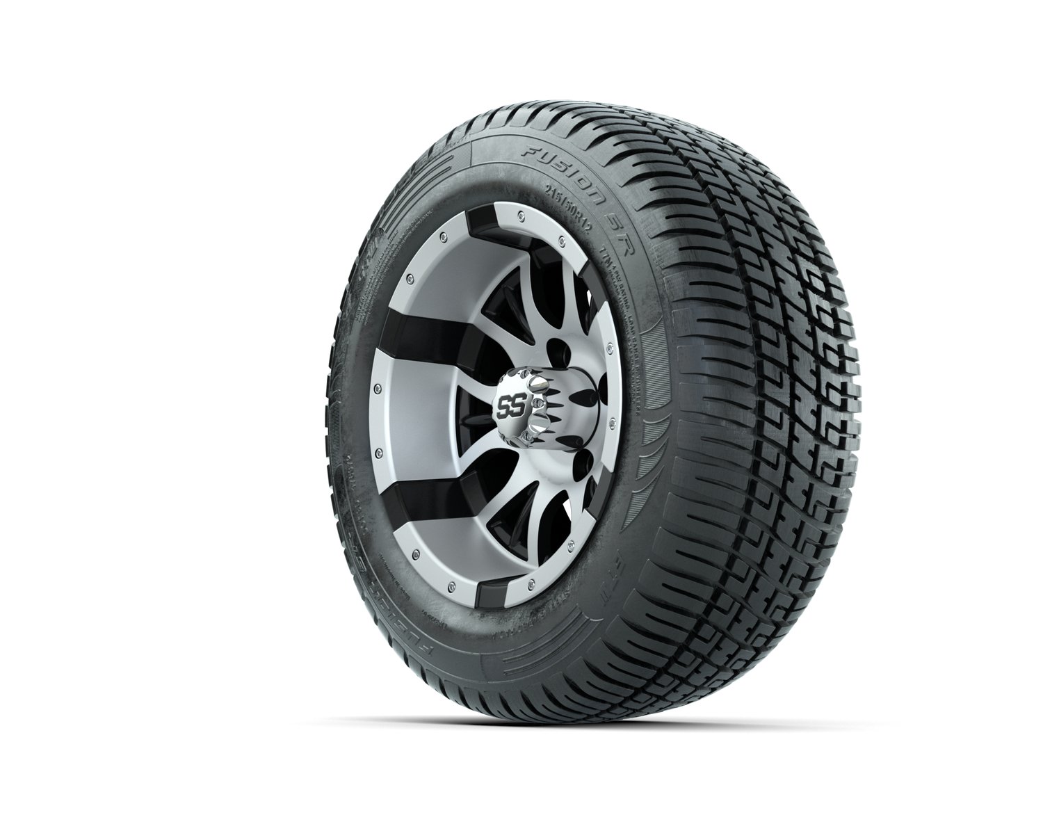 20-063 A19-650 WHEEL, 12X7 DIESEL MFB W:SS CAP, TIRE, 215/50-R12 FUSION S:R STEEL BELT RADIAL, DOT, 12", Street
