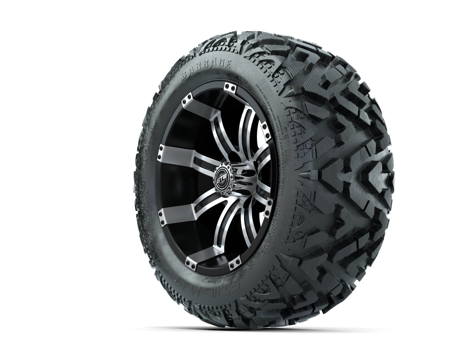 19-142 A19-264 14 GTW Tempest 14x7 Machined Black Wheel Barrage Series 23x10-14 Mud Tire 4-ply 19-142 20-031