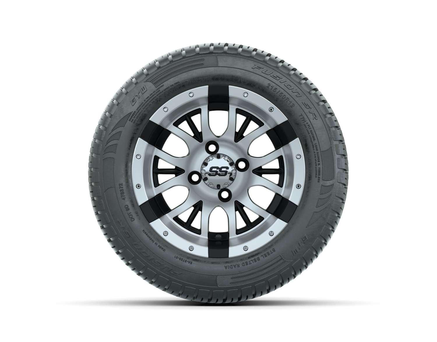 20-063 A19-650 WHEEL, 12X7 DIESEL MFB W:SS CAP, TIRE, 215/50-R12 FUSION S:R STEEL BELT RADIAL, DOT, 12", Street